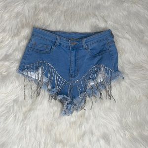 Festival high waisted rhinestones fringe cut shorts small stretchy light wash